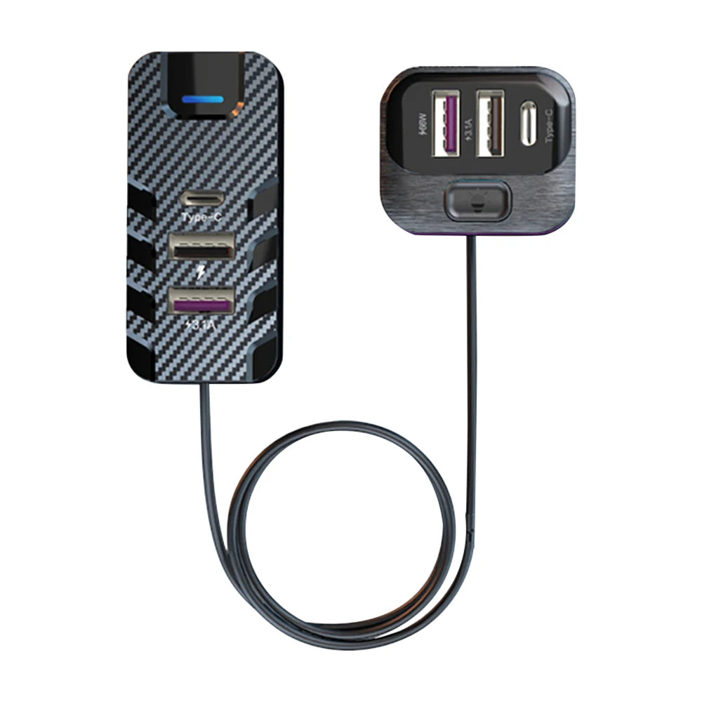 Car Charger 6 Ports 5V 3.1A 66W Front Rear Seat Colorful Light 1.5m Long Cable Universal USB Type-C Fast Charge Vehicle Supplies