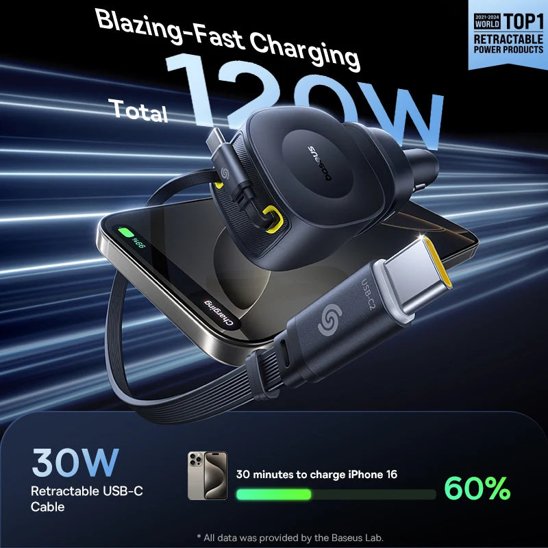 Baseus Car Charger 60W 100W 30W 240W 4 ports Built in Dual Retractable Cable PD Fast Charging USB Type-C Car Phone Charger