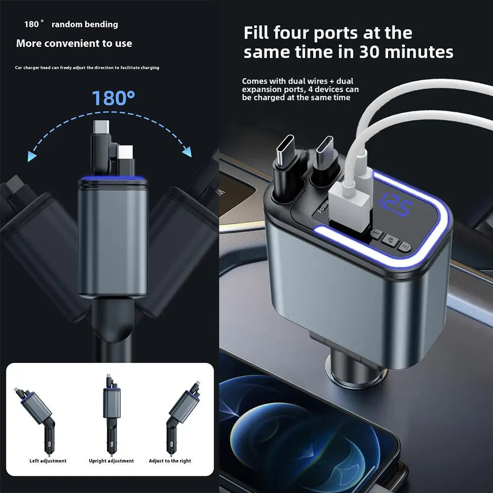 Retractable car charger device charging overview