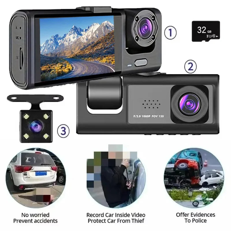 3-Camera Dash Cam 1080P with IR Night Vision & 2" Screen