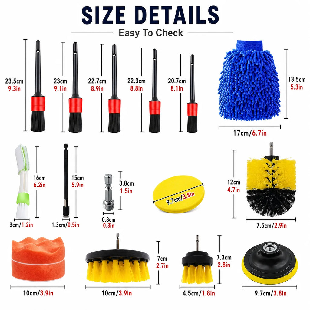 Car Detailing Brush Kit — Drill Brushes, Pads, Mitt & Storage Bag