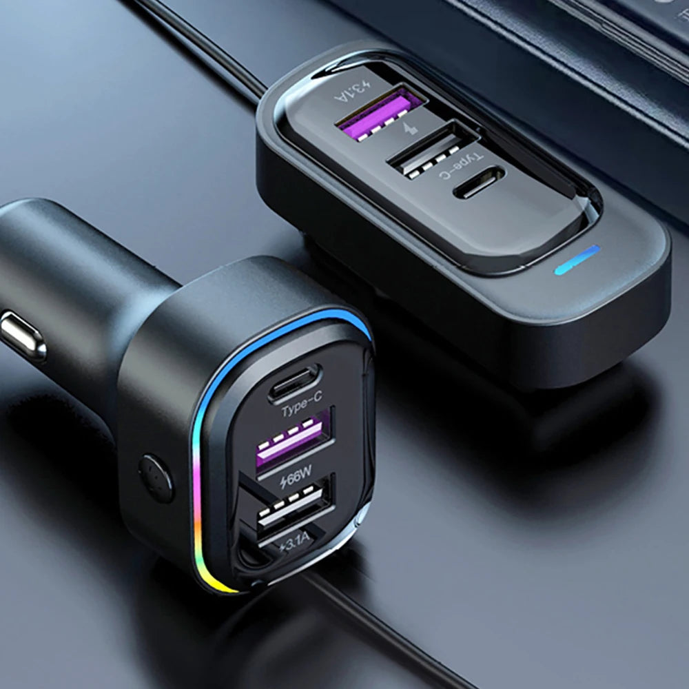 Car Charger 6 Ports 5V 3.1A 66W Front Rear Seat Colorful Light 1.5m Long Cable Universal USB Type-C Fast Charge Vehicle Supplies