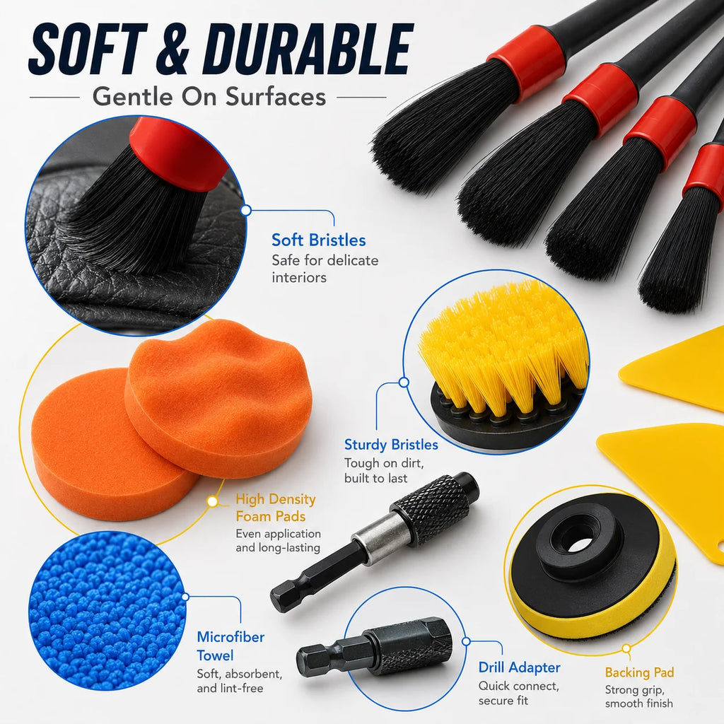 Car Detailing Brush Kit — Drill Brushes, Pads, Mitt & Storage Bag