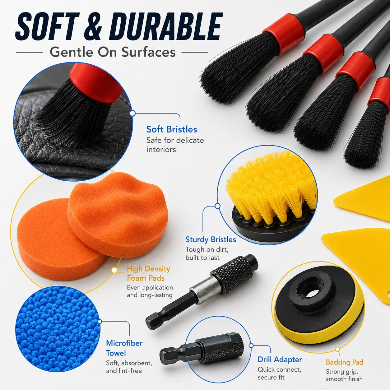 Car Detailing Brush Kit — Drill Brushes, Pads, Mitt & Storage Bag