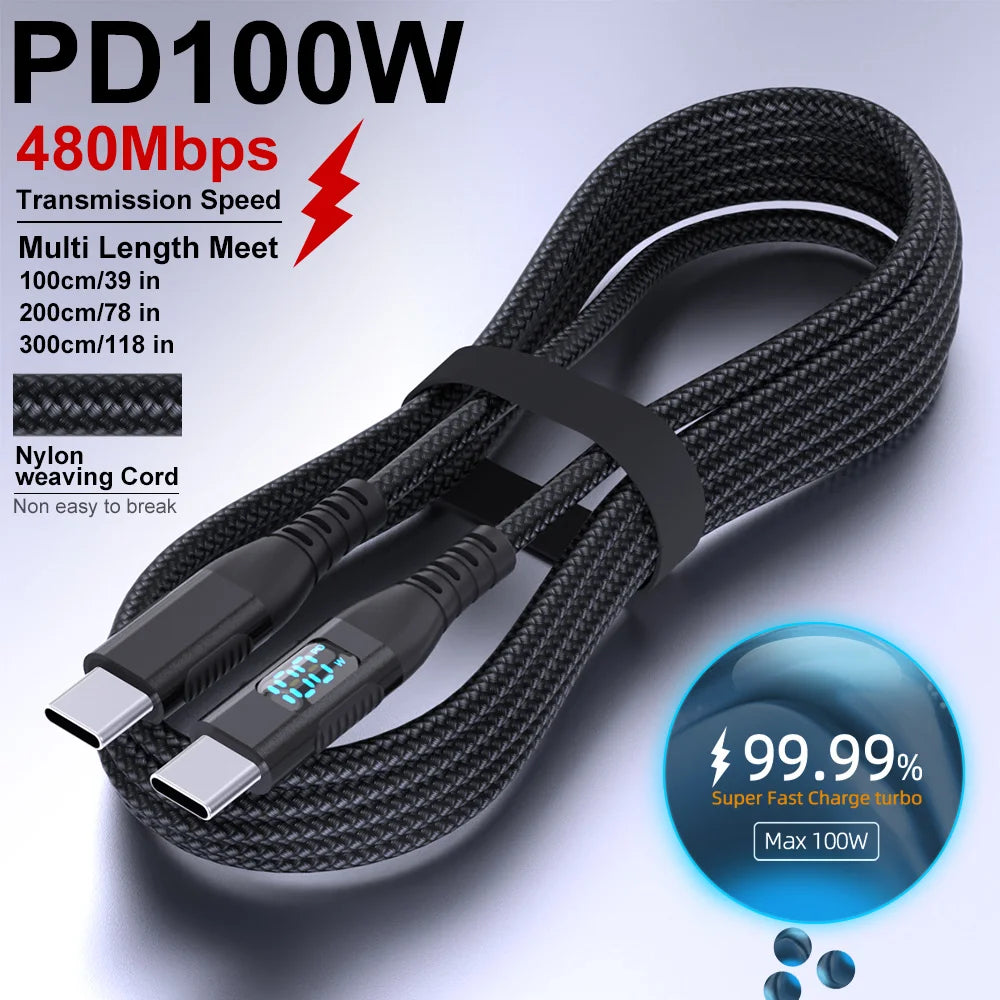 1 m, 2 m, 3 m USB-C-auf-Typ-C-Schnellladekabel, nylonummantelt, max. 5 A, Schnellladung für iPhone 15, 16 und Android-Geräte