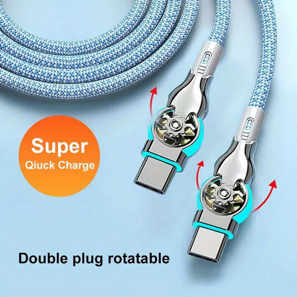 180 Rotatable Fast Charge Cable USB A to Type C Zinc Alloy Braided Cord 3A Data Transfer LED Light for Car Charger Use