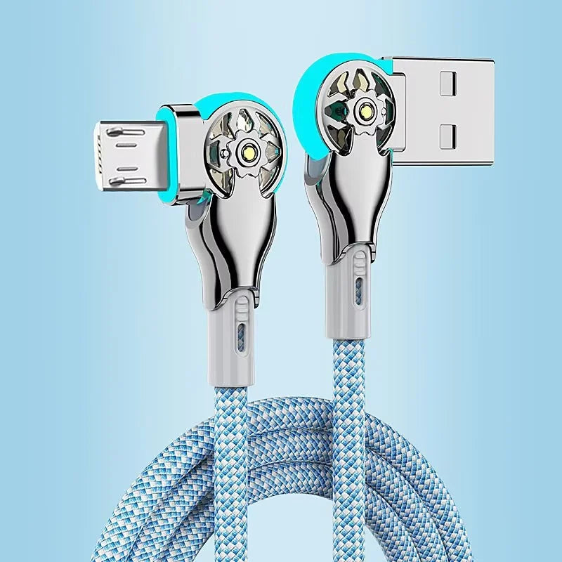 180 Rotatable Fast Charge Cable USB A to Type C Zinc Alloy Braided Cord 3A Data Transfer LED Light for Car Charger Use