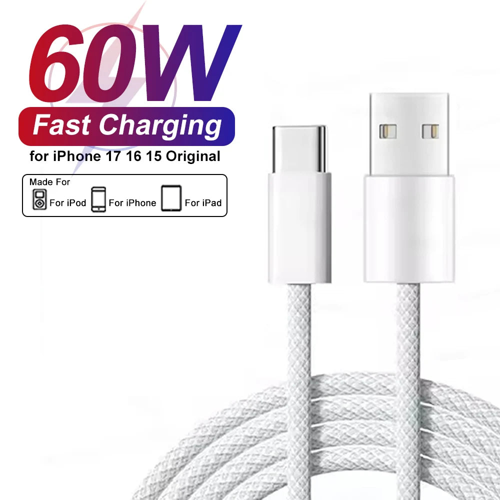 60-W-USB-C-Ladekabel für iPhone 16, 15, 17 Pro Max, 17 Air Plus – Schnellladefunktion, Typ-C-Ladekabel, geflochtenes Kabel, USB-zu-Typ-C-Datenkabel