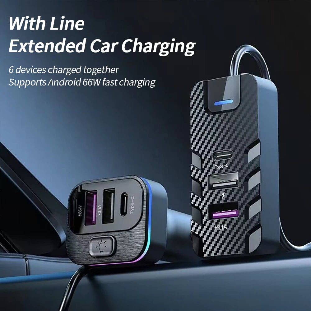 Car Charger 6 Ports 5V 3.1A 66W Front Rear Seat Colorful Light 1.5m Long Cable Universal USB Type-C Fast Charge Vehicle Supplies