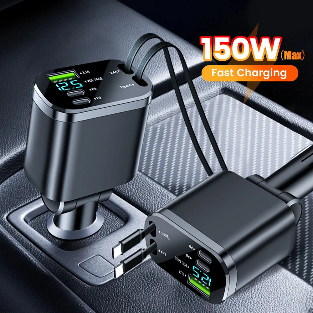 150w Car Charger USB+ Dual Type-C+Dual Type-C Stretching Cable PD Fast Charging Car Phone Digital Display Adapter For Cellphones