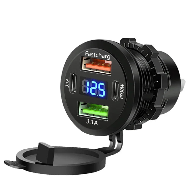 Waterproof 4 Port Car Charger Socket With Voltmeter, Dual Type C And Dual USB Fast Charging 12V 24V