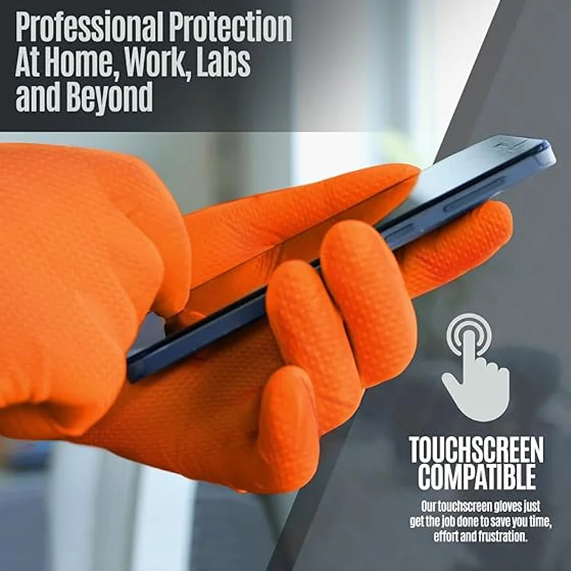 Gants de travail en nitrile de 8 mil d'épaisseur, jetables, à texture diamant antidérapante, adaptés à la maintenance et au nettoyage dans le secteur de la construction.