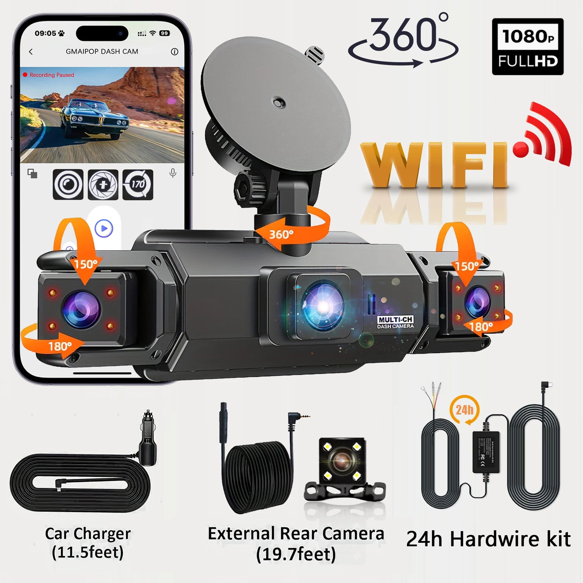 GMAIPOP 4 Channel Car Dash Cam With Night Vision, 1080P Full HD, Built In Screen, App Control, Audio