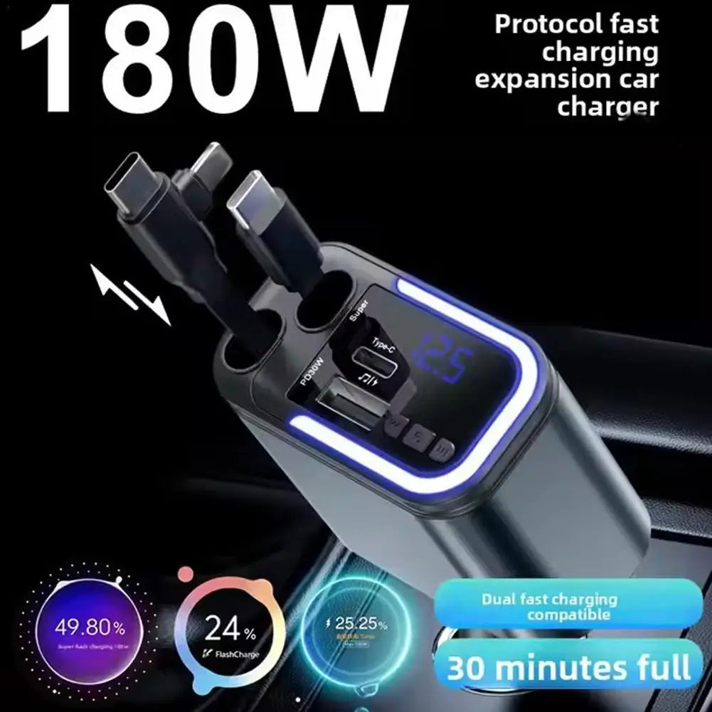 5-in-1 retractable USB-C car charger with blue ambient light