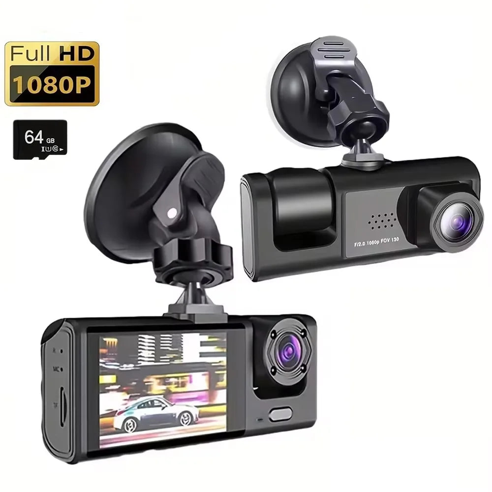 Baideluo 3 Channel 1080P Dash Cam With IR Night Vision, Hidden Mount, 2 Inch IPS Screen, Audio Recording, Built In Battery