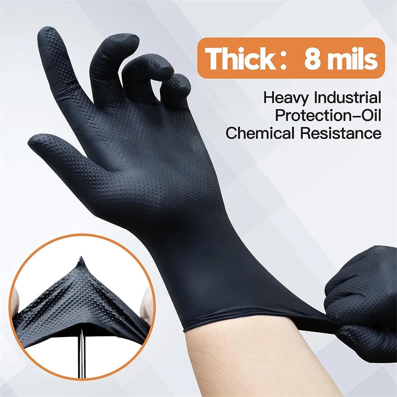 Gants industriels en nitrile noir, 8 mil, jetables, ultra-résistants, avec texture diamant, sans latex, pour mécaniciens, tatoueurs et autos.
