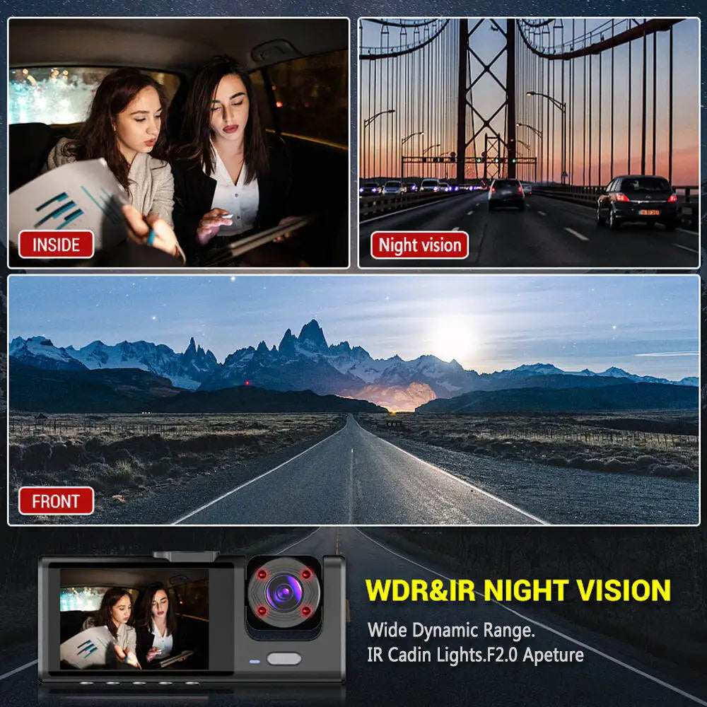 3-Camera Dash Cam 1080P with IR Night Vision & 2" Screen