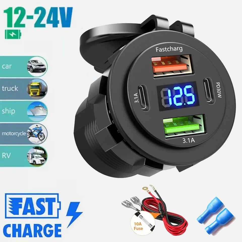 Waterproof 4 Port Car Charger Socket With Voltmeter, Dual Type C And Dual USB Fast Charging 12V 24V