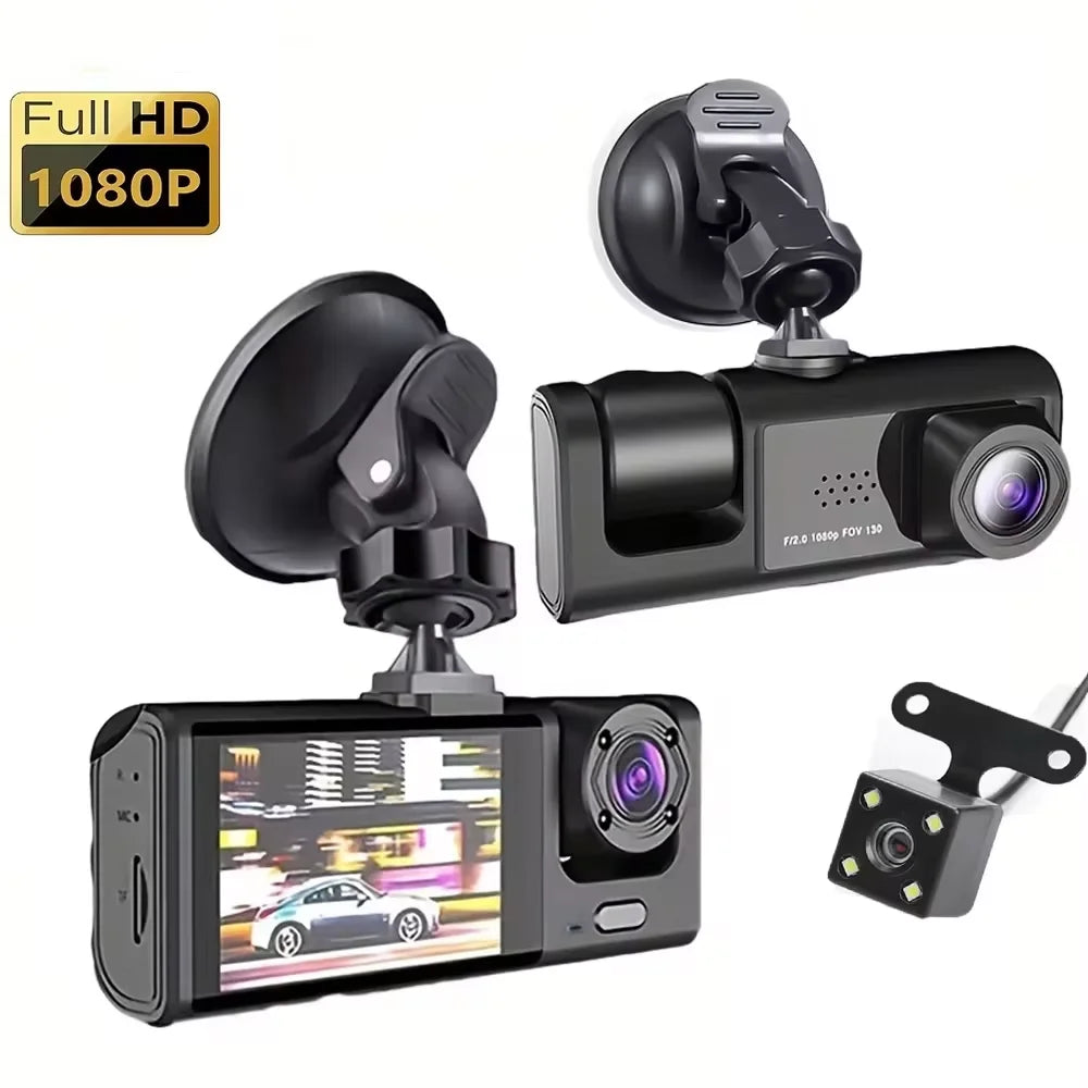 Baideluo 3 Channel 1080P Dash Cam With IR Night Vision, Hidden Mount, 2 Inch IPS Screen, Audio Recording, Built In Battery