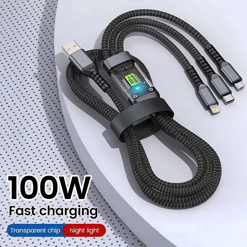 100-W-Schnellladekabel, Mehrfachladekabel, nylonummantelt, universelles 3-in-1-Ladekabel mit USB-Anschluss und USB-C-/Micro-USB-Anschluss