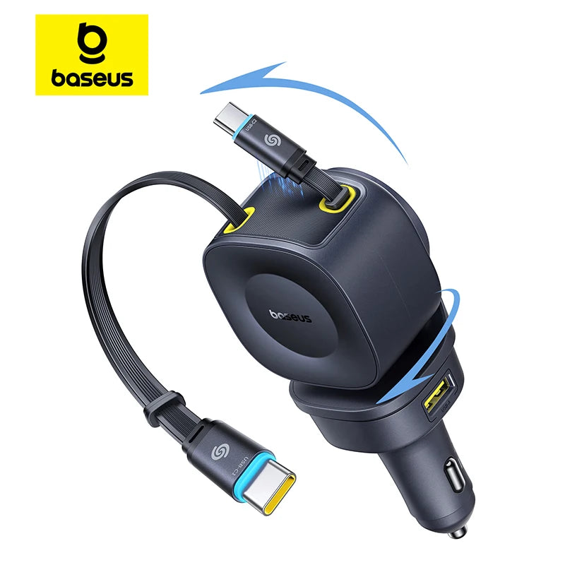 Baseus Kfz-Ladegerät 60W 100W 30W 240W 4 Anschlüsse Integriertes, doppelt einziehbares Kabel PD-Schnellladung USB Typ-C Kfz-Handyladegerät