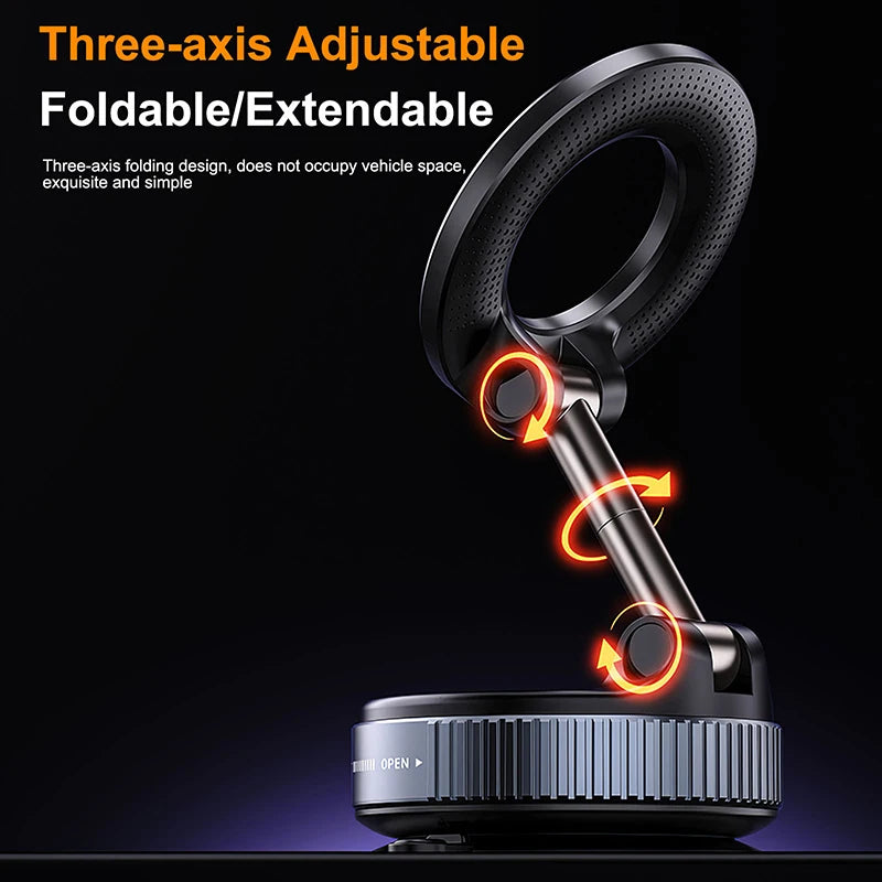 Support magnétique puissant pour téléphone, pliable, réglable à 360°, avec ventouse pour voiture, compatible iPhone et diffusion en direct.