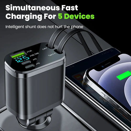 150W Car Charger Dual USB C and USB A 3 Port Fast Charging PD Adapter with LED Digital Display 12V 24V