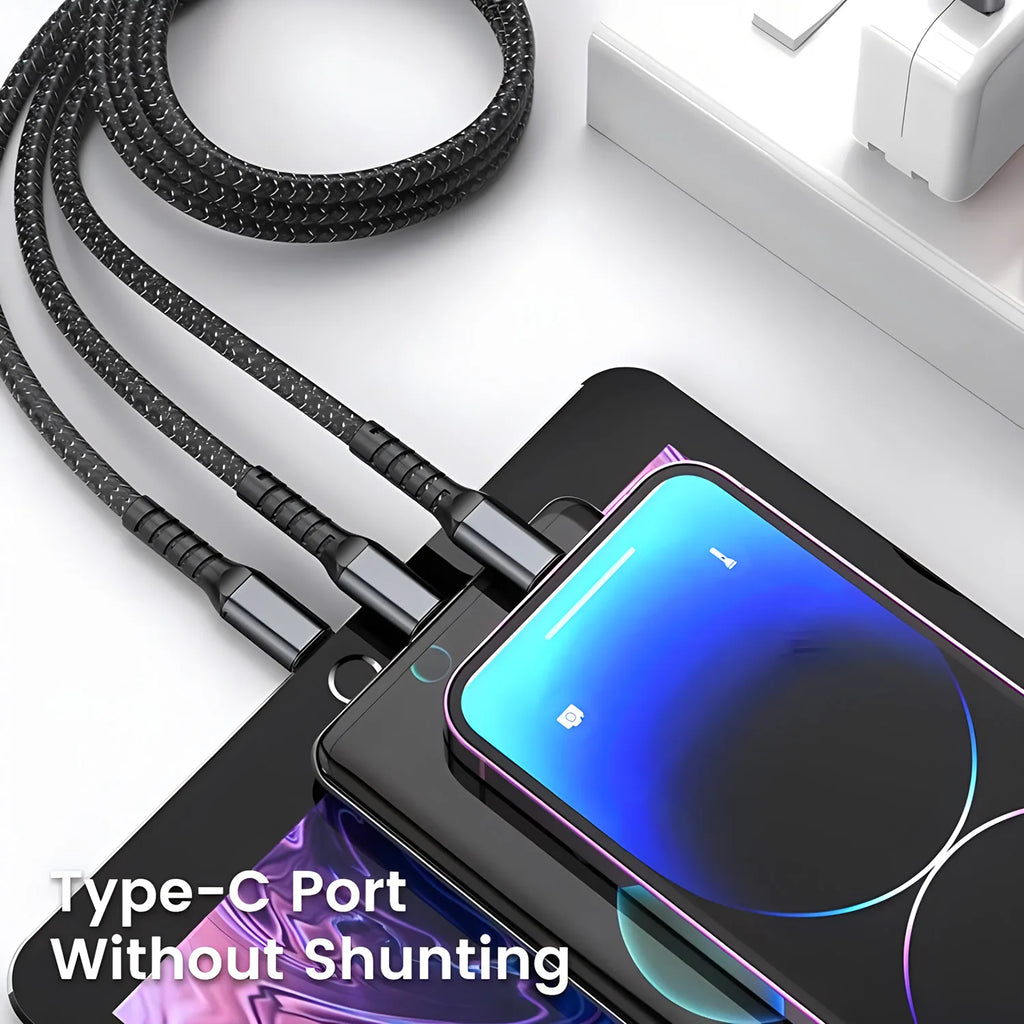 100-W-Schnellladekabel, Mehrfachladekabel, nylonummantelt, universelles 3-in-1-Ladekabel mit USB-Anschluss und USB-C-/Micro-USB-Anschluss