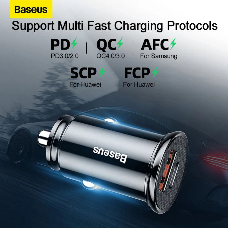 Baseus USB Car Charger Quick Charge 4.0 QC4.0 QC3.0 PPS SCP 5A PD Type C 30W Fast Car USB Charger For iPhone Xiaomi Mobile Phone