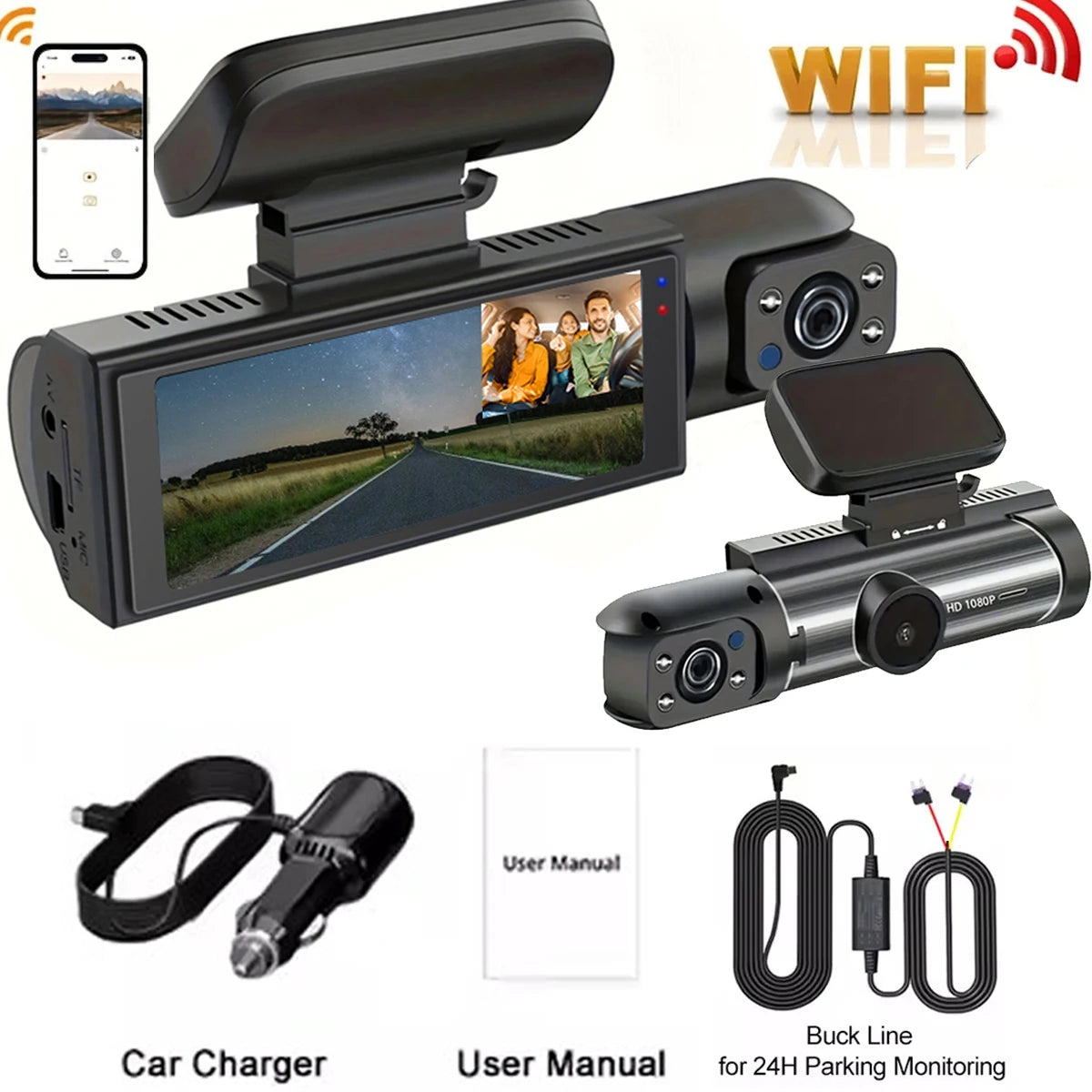1080P Dual Lens Dash Cam With WiFi, Interior IR Camera & Parking Monitor
