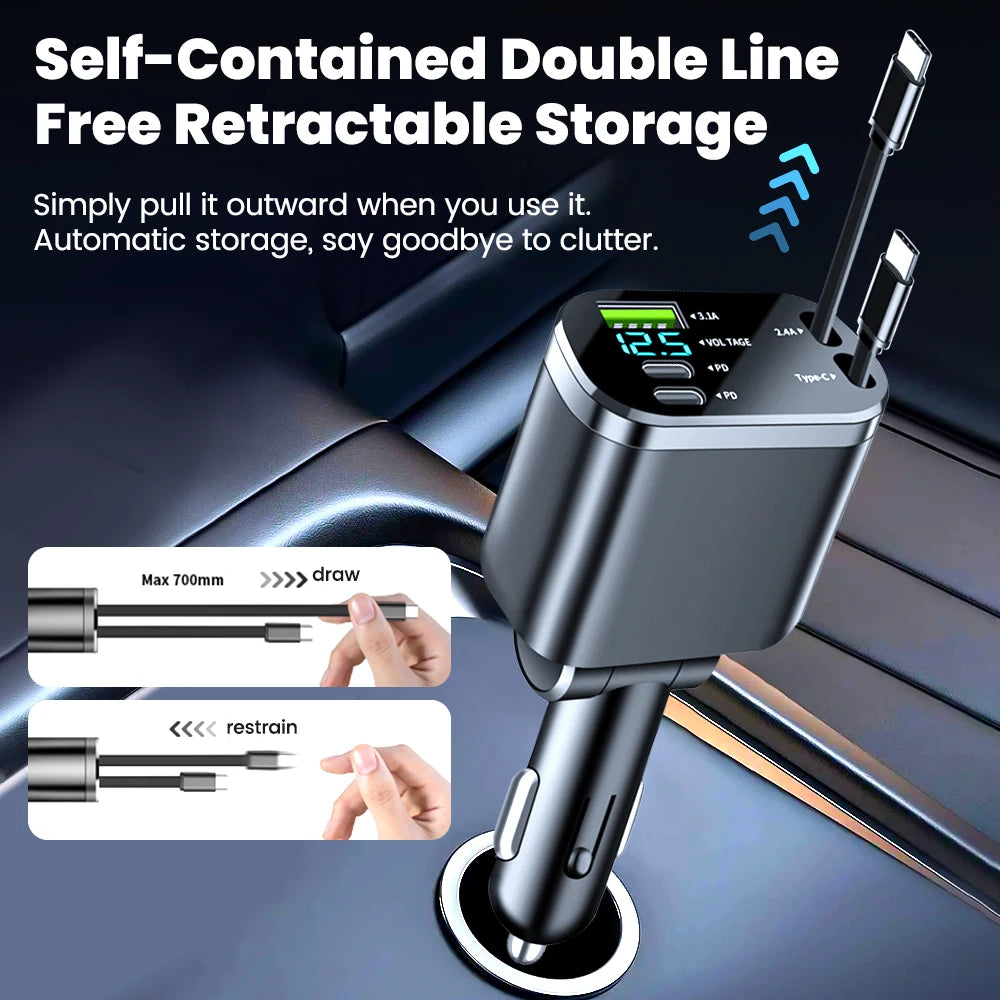 150w Car Charger USB+ Dual Type-C+Dual Type-C Stretching Cable PD Fast Charging Car Phone Digital Display Adapter For Cellphones