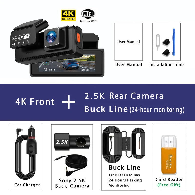 4K UHD GPS Dash Cam With Wi Fi And Night Vision, Wide Angle, Loop Recording, G Sensor, Parking Mode