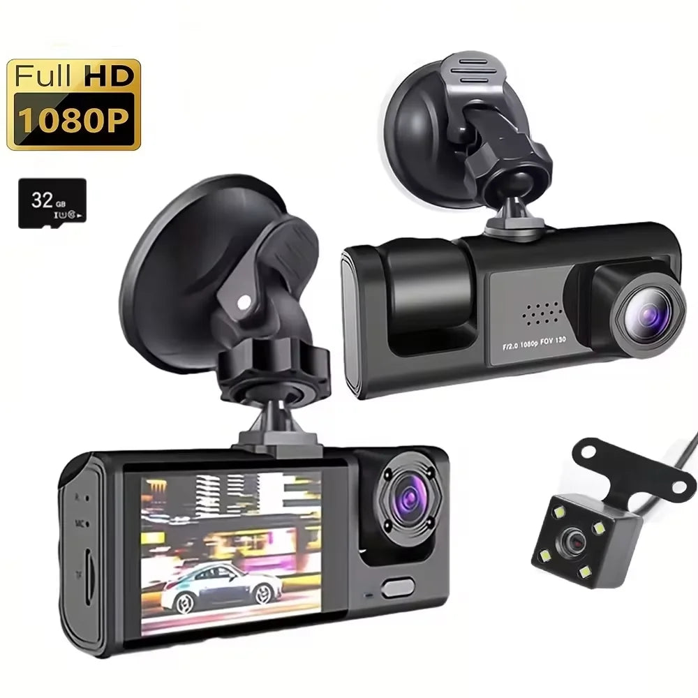 Baideluo 3 Channel 1080P Dash Cam With IR Night Vision, Hidden Mount, 2 Inch IPS Screen, Audio Recording, Built In Battery