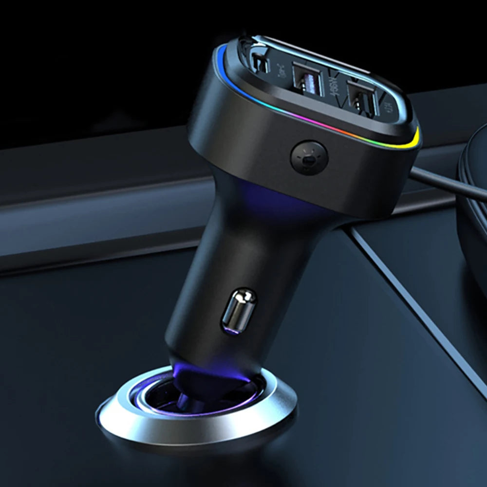 Car Charger 6 Ports 5V 3.1A 66W Front Rear Seat Colorful Light 1.5m Long Cable Universal USB Type-C Fast Charge Vehicle Supplies