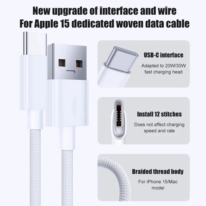 60-W-USB-C-Ladekabel für iPhone 16, 15, 17 Pro Max, 17 Air Plus – Schnellladefunktion, Typ-C-Ladekabel, geflochtenes Kabel, USB-zu-Typ-C-Datenkabel