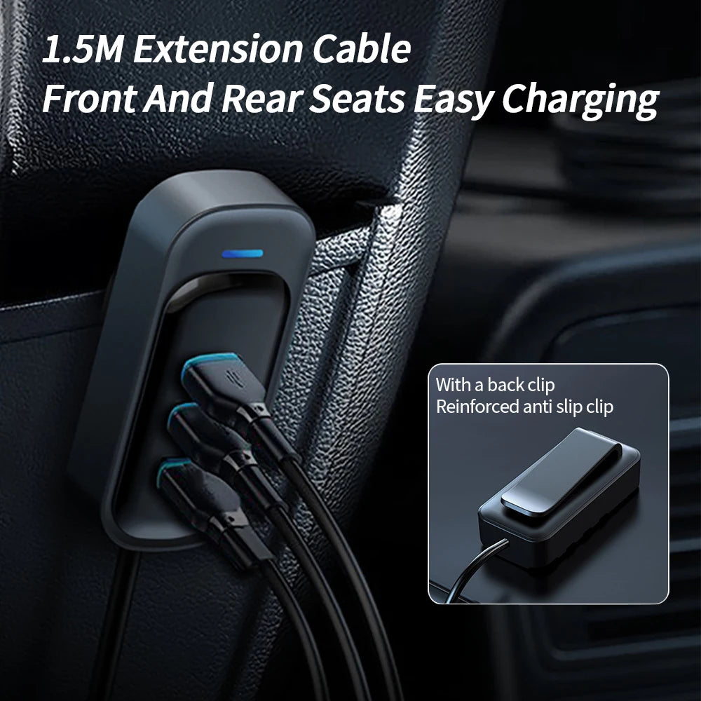 Car Charger 6 Ports 5V 3.1A 66W Front Rear Seat Colorful Light 1.5m Long Cable Universal USB Type-C Fast Charge Vehicle Supplies