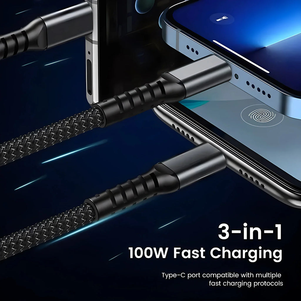 100-W-Schnellladekabel, Mehrfachladekabel, nylonummantelt, universelles 3-in-1-Ladekabel mit USB-Anschluss und USB-C-/Micro-USB-Anschluss