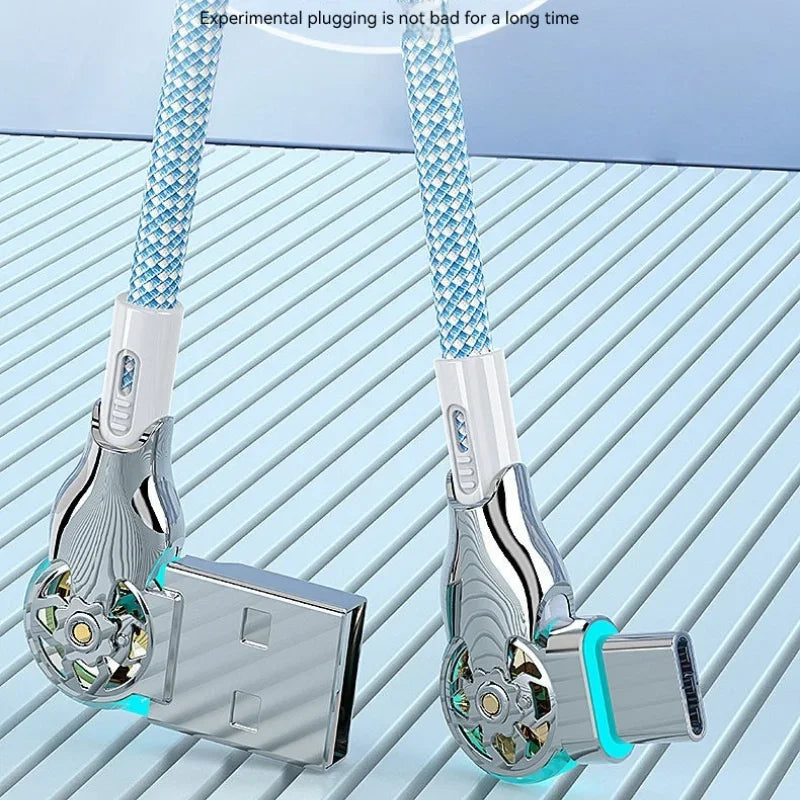 180 Rotatable Fast Charge Cable USB A to Type C Zinc Alloy Braided Cord 3A Data Transfer LED Light for Car Charger Use