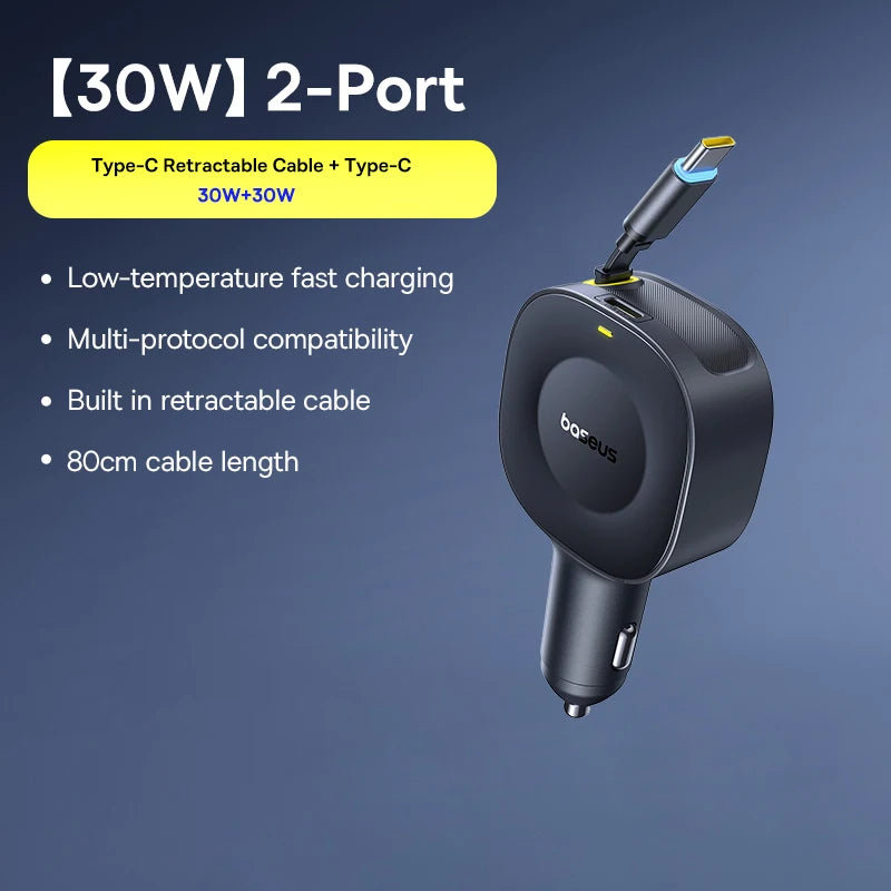 Baseus Car Charger 60W 100W 30W 240W 4 ports Built in Dual Retractable Cable PD Fast Charging USB Type-C Car Phone Charger
