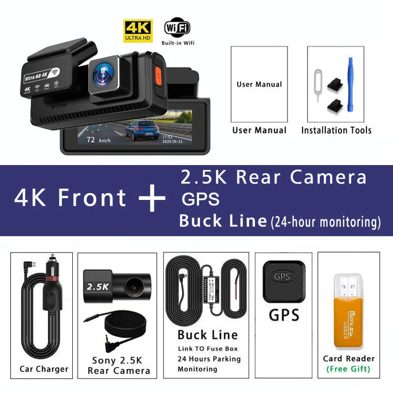 4K UHD GPS Dash Cam With Wi Fi And Night Vision, Wide Angle, Loop Recording, G Sensor, Parking Mode