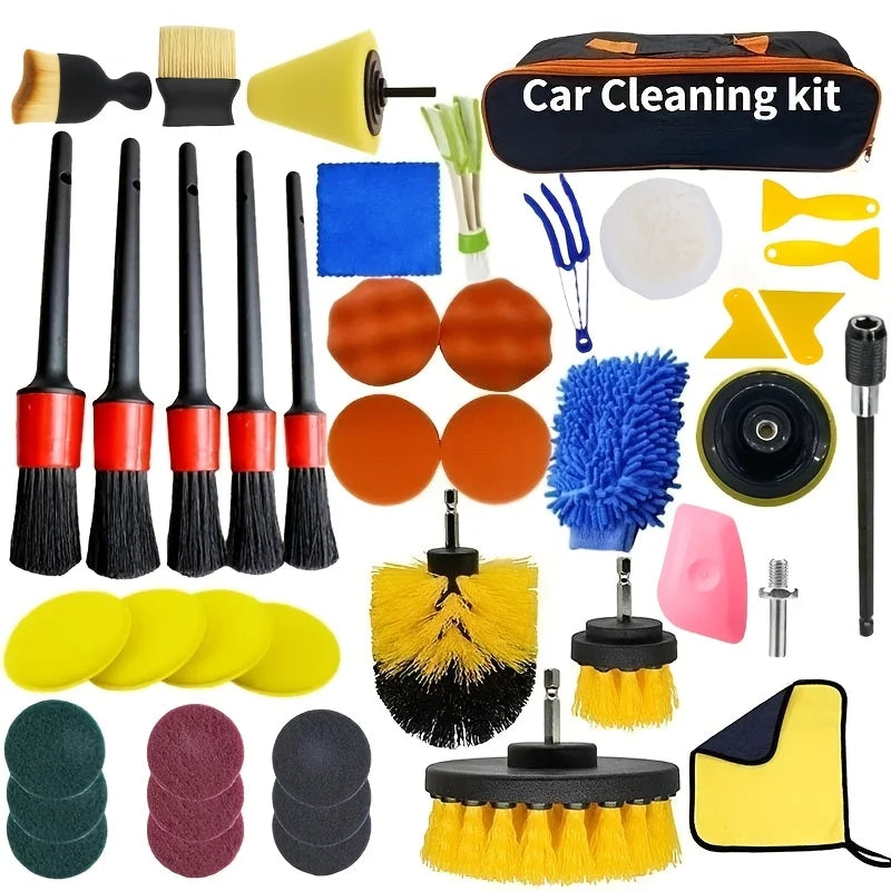 Car Detailing Brush Kit — Drill Brushes, Pads, Mitt & Storage Bag