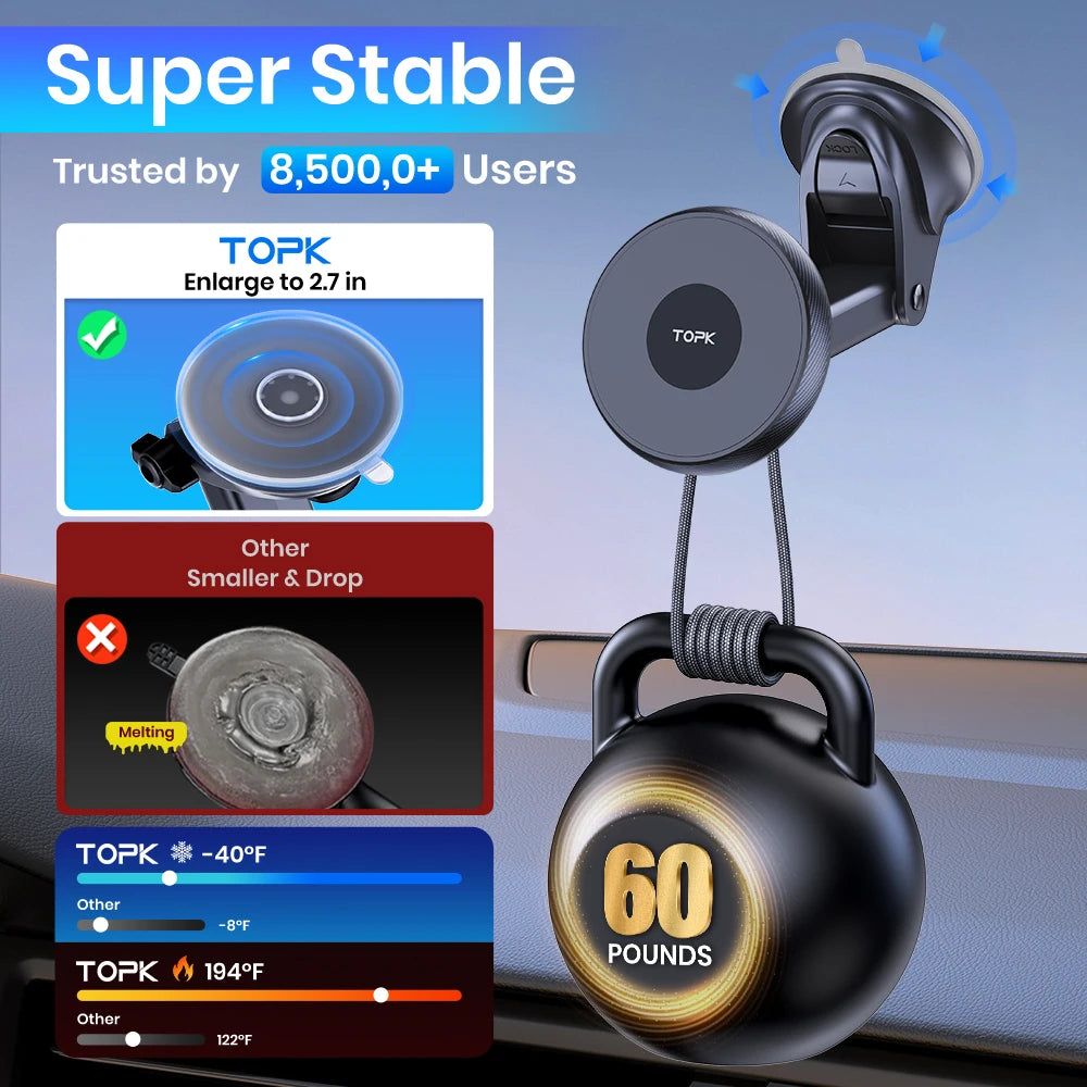 TOPK Magnetic Car Phone Holder – MagSafe Compatible, 360°, One-Hand