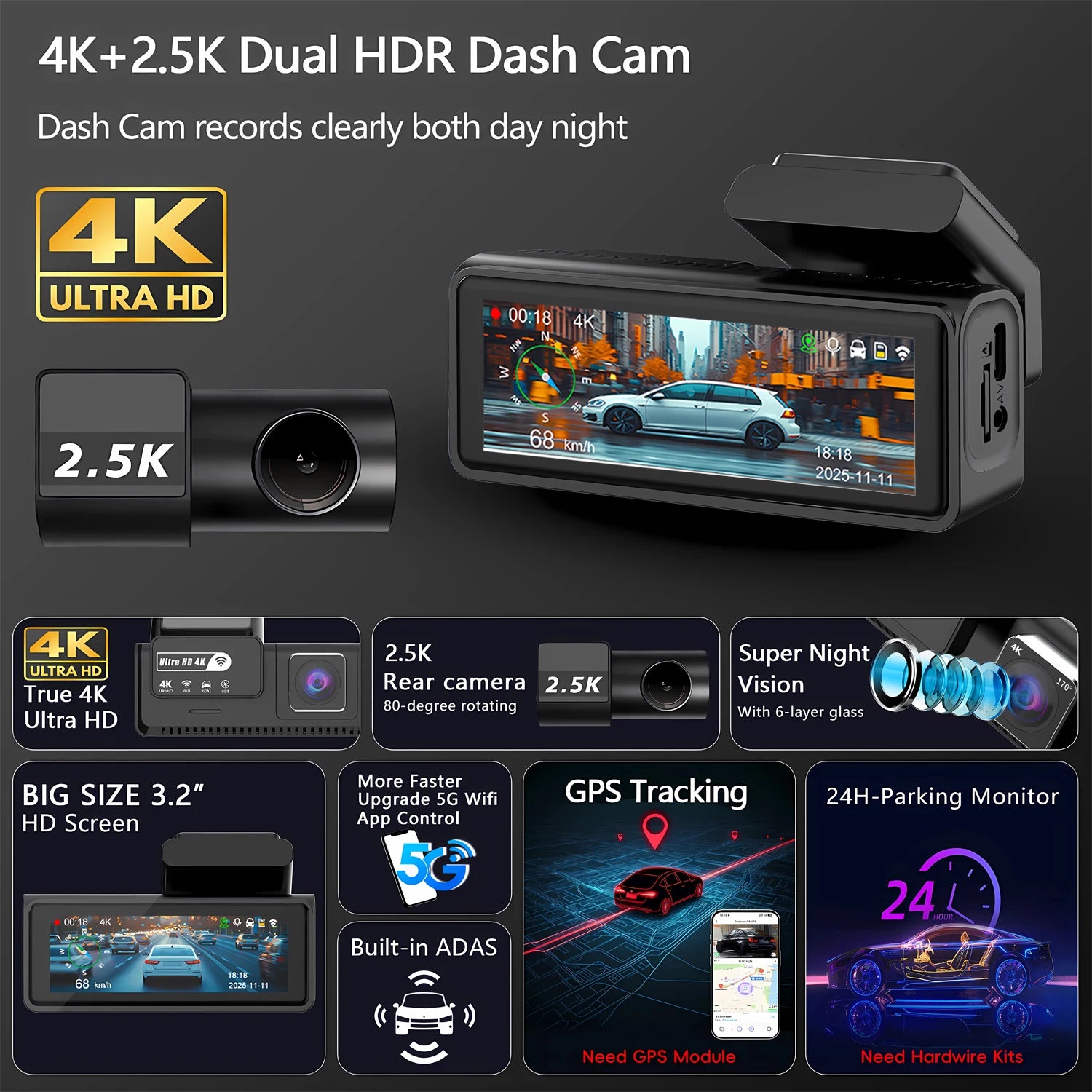 4K GPS Dash Cam with Wi-Fi & Night Vision
