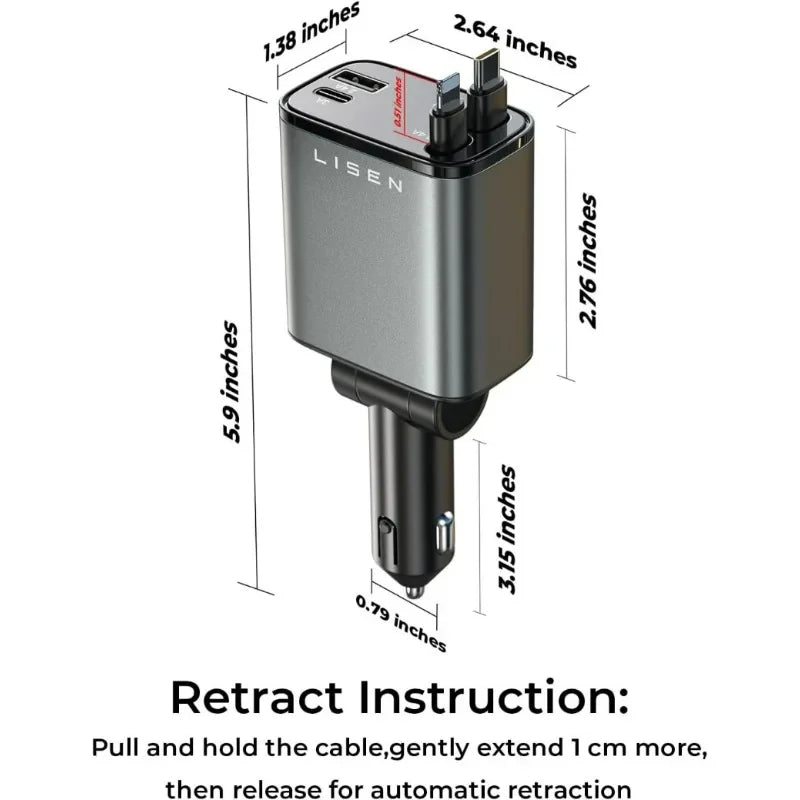 Chargeur de voiture rétractable, adaptateur secteur 120 W, charge rapide USB Type-C, câble rétractable, adaptateur QC