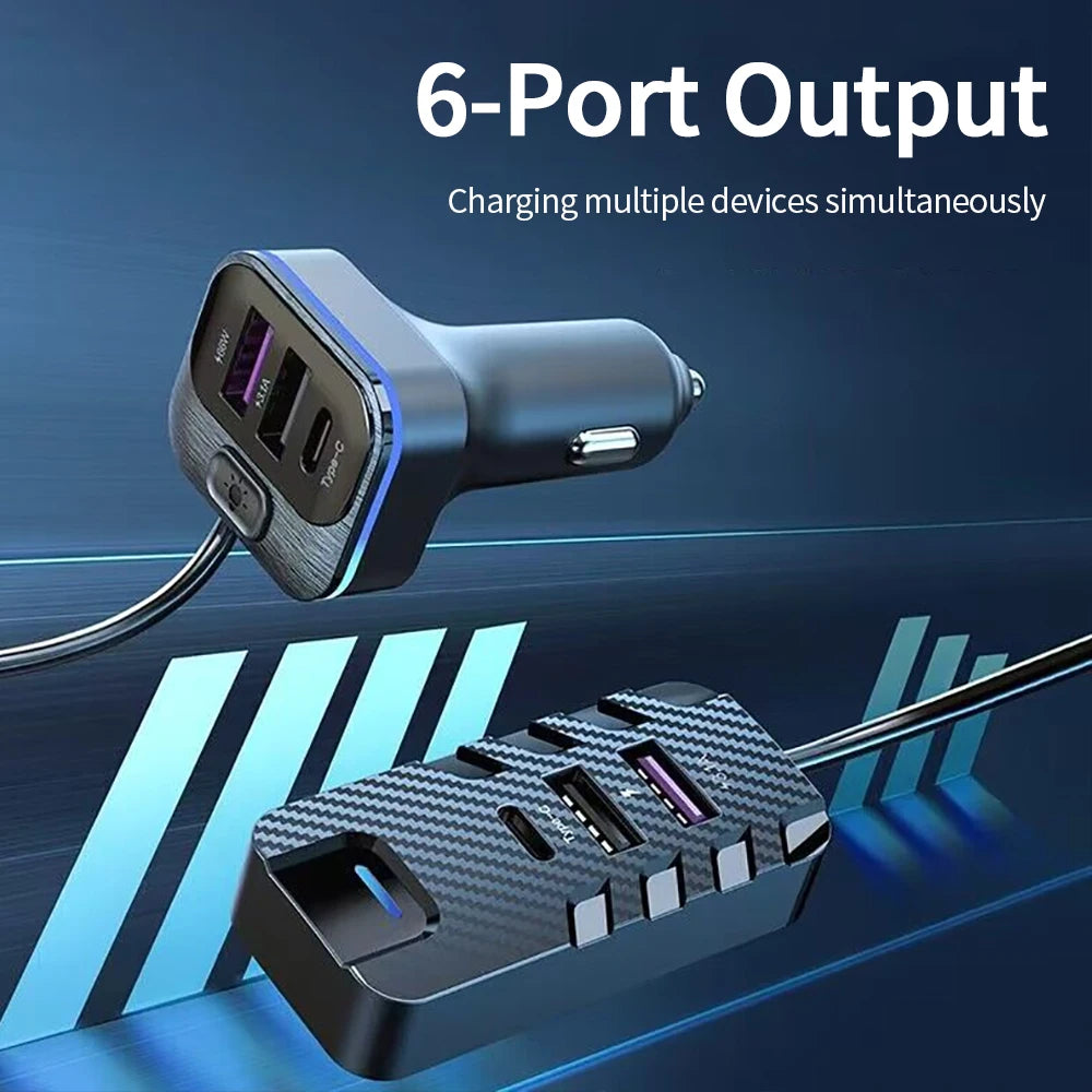Car Charger 6 Ports 5V 3.1A 66W Front Rear Seat Colorful Light 1.5m Long Cable Universal USB Type-C Fast Charge Vehicle Supplies