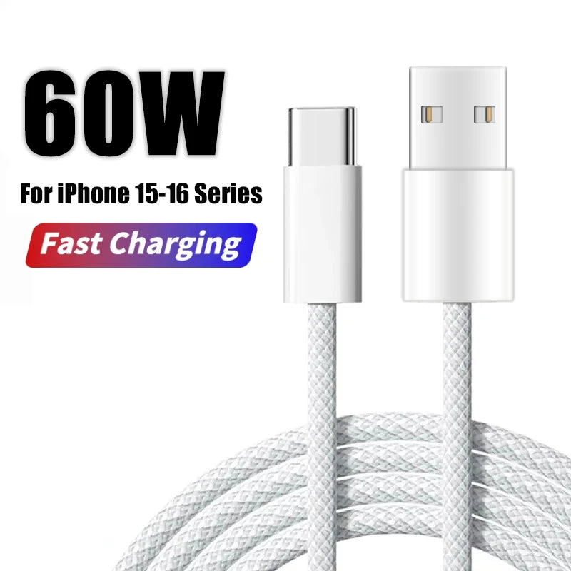 60-W-USB-C-Ladekabel für iPhone 16, 15, 17 Pro Max, 17 Air Plus – Schnellladefunktion, Typ-C-Ladekabel, geflochtenes Kabel, USB-zu-Typ-C-Datenkabel