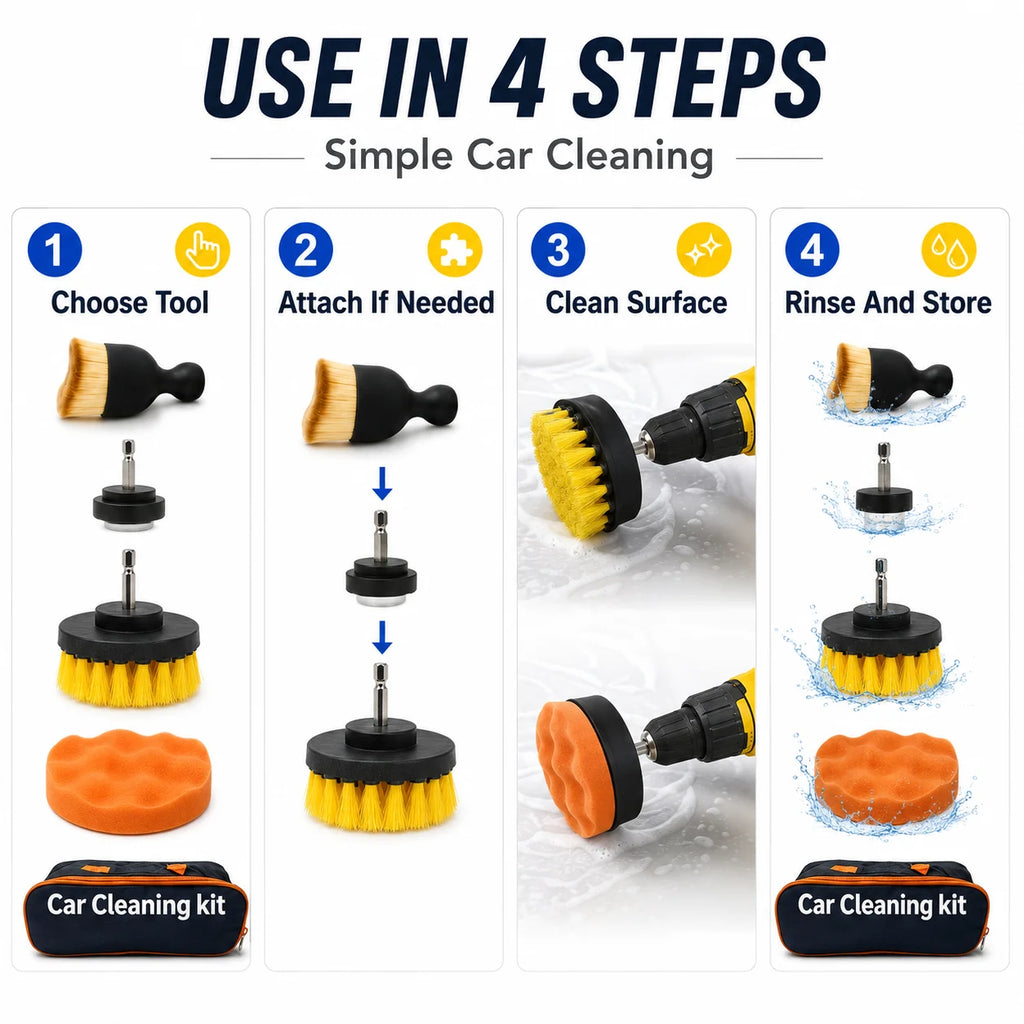 Car Detailing Brush Kit — Drill Brushes, Pads, Mitt & Storage Bag
