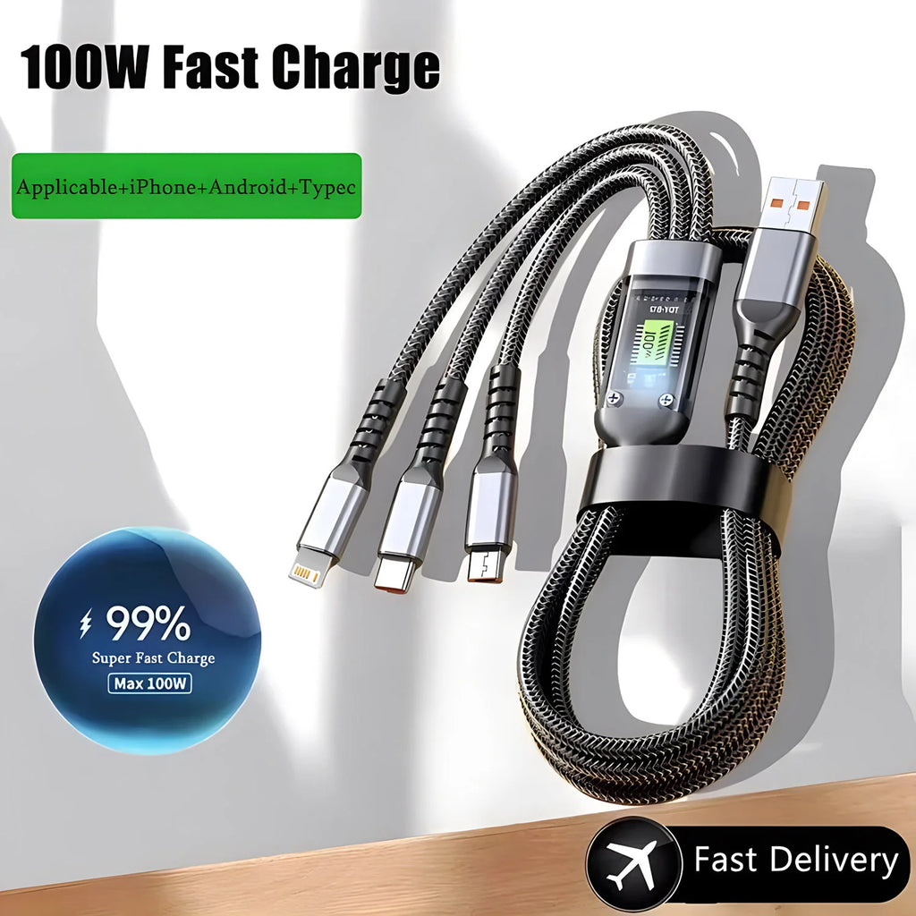 100-W-Schnellladekabel, Mehrfachladekabel, nylonummantelt, universelles 3-in-1-Ladekabel mit USB-Anschluss und USB-C-/Micro-USB-Anschluss