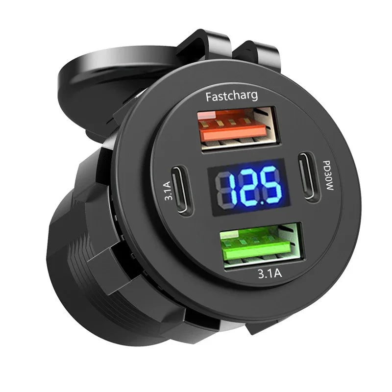 Waterproof 4 Port Car Charger Socket With Voltmeter, Dual Type C And Dual USB Fast Charging 12V 24V