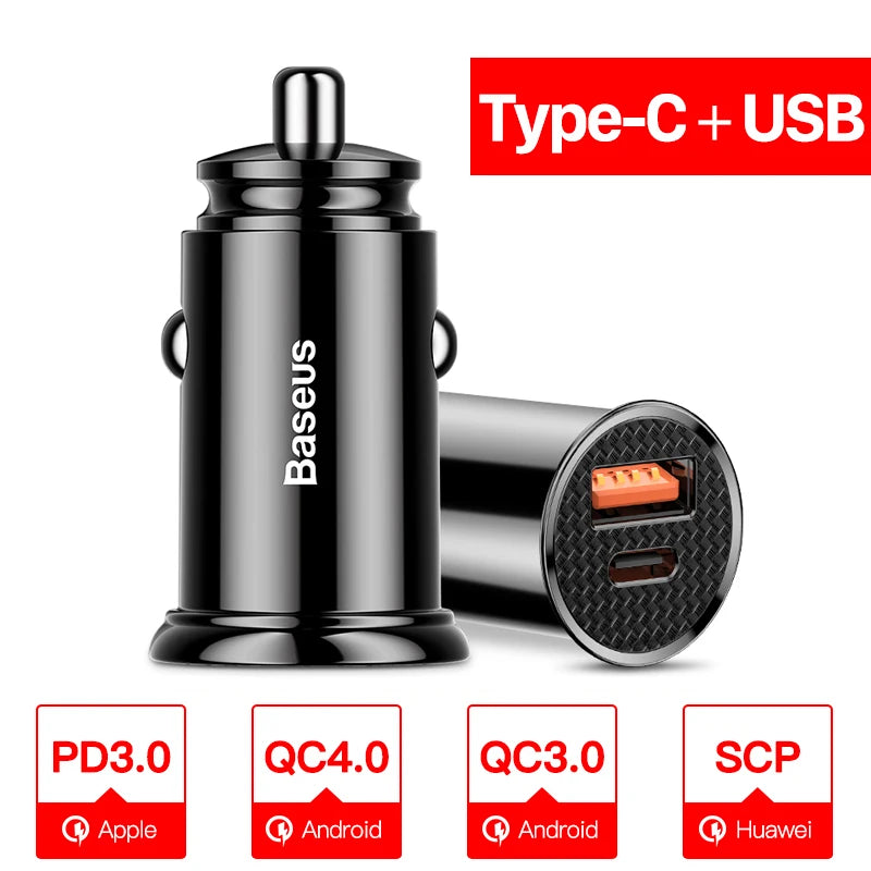 Baseus USB-Autoladegerät Quick Charge 4.0 QC4.0 QC3.0 PPS SCP 5A PD Typ C 30W Schnell-USB-Autoladegerät für iPhone und Xiaomi Mobiltelefone